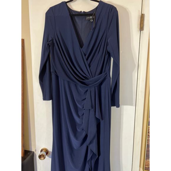Betsy & Adam Navy Stretch V Neck Long Sleeve Ruffle Prom Maxi Dress Womens 16 - Picture 8 of 12